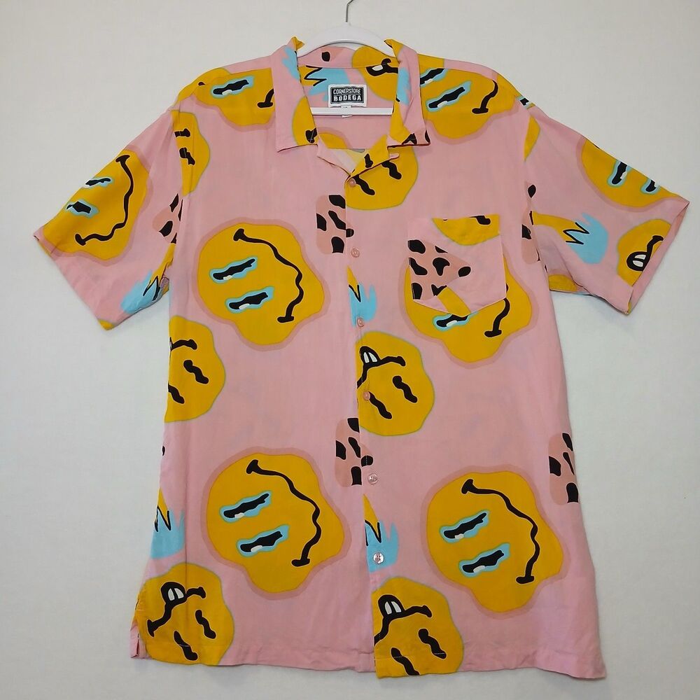 Cornerstore Bodega Button Up Short Sleeve Shirt Smiley Face Retro Design XL#1019